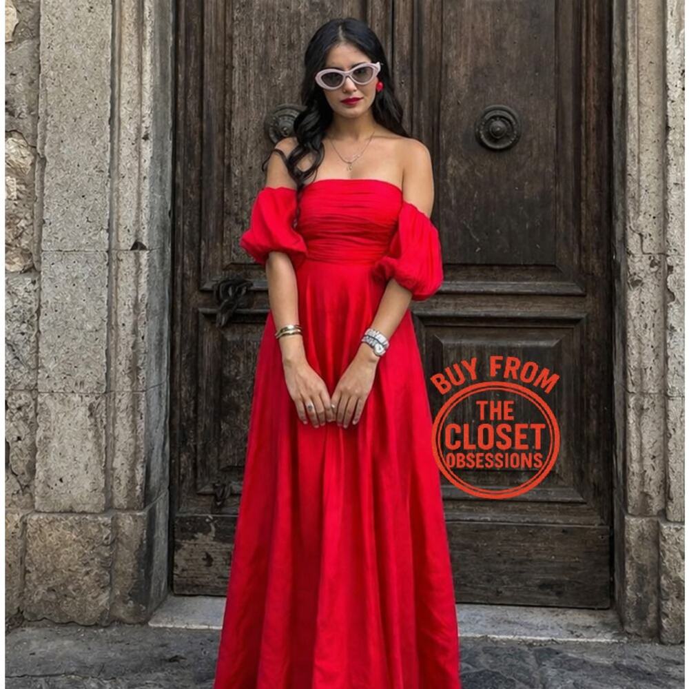 Mango Red Poplin Midi Dress NWT Off Shoulder Puff Sleeve Cotton Size 6 - Picture 3 of 16